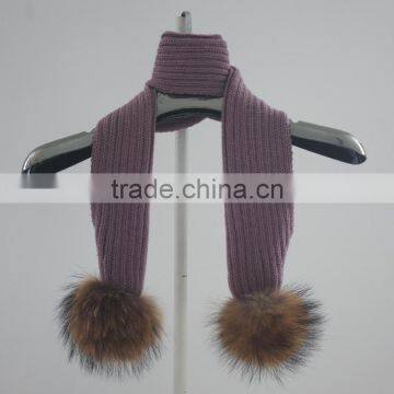 Myfur Classic Ribbed Pattern Knit Scarf for Kids With Two Big Size Natural Raccoon Fur Pom Poms photo-2
