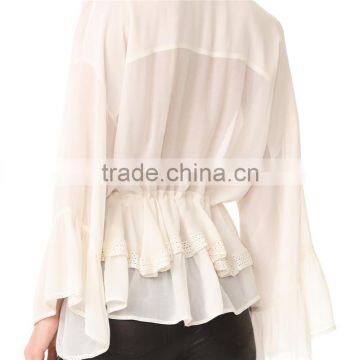2017 OEM Lightweight Lace Trim Hem Wrapped Body Chiffon Blouse photo-3