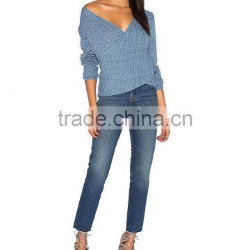 Blue Plain Custom V-neck Sweater for Women Pullover Sweater Dress photo-2