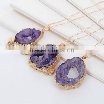 New Fashion Natural Quartz Crystal Gemstone Druzy /Drusy Necklace Link Cable Chain Gold Plated Irregular Purple Pendant photo-3