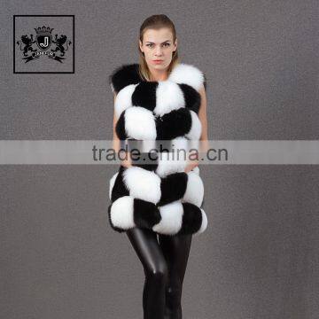 Beautiful Black White Color Fur Hand Sewing Long Fur Vest Women Real Fox Fur Gillets photo-2