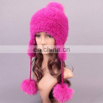 Winter girl lady knit weaving animal fur hat warm earflap hat for female