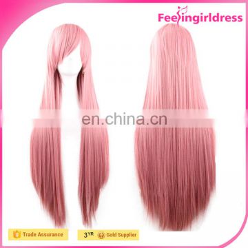 Fashion Women Grey Pink Side Bang Straight Cosplay Long Wig Stock