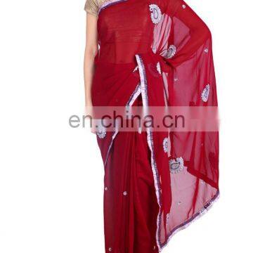 Designer Fancy Embrided Resham Work Georgette Red Saree Sari