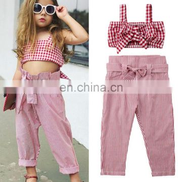 2-6 Year Two Pieces Kid Girls Clothes Set Summer Sleeveless Pink Plaid Bow Crop Top and Plaid Cotton Pants Clothing Suit