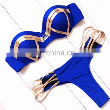 Sexy Bandeau Thong Bikini Set Push Up Swimwear Halter Top for Women Blue Gold Stamping Swimsuit Padded Female Bathing Suit