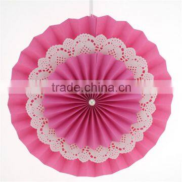 Hot Pink 2 Ply Paper Fans With Lace For Wedding Decoration