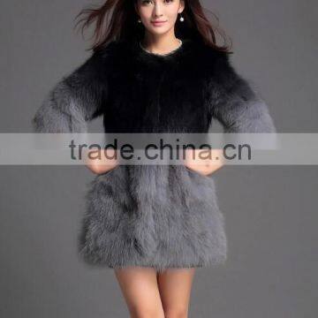 2016 new fashion Women's gradient color three quarter sleeve fox fur coat