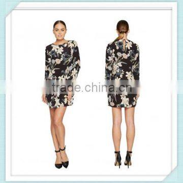 Lady's silk crepe de chin digital printed long sleeve fashion dress