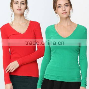 Fashion Women's Plus Size Solid Plain Long Sleeve V-neck T-Shirt OEM ODM Type Clothing Factory Manufacturer Guangzhou