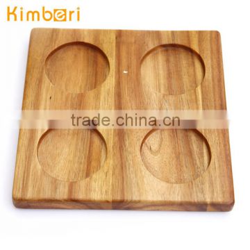 4-well square sturdy acacia wood coaster for bottle & wine