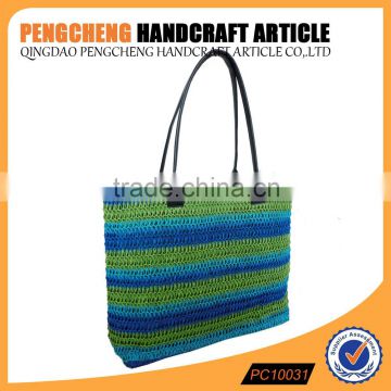 Stripes paper straw crochet handbag