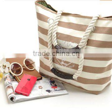 Wholesale Crossstripe Canvas Beach Tote Bag;Banded Striped Beach Town Tote Bag With Rope Handles