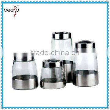 fashional metal skin kitchenware glass condiment jar set with metal lids