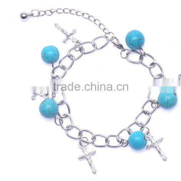 Tibetan Sliver Plated With Bead and Cross Pendant Turquoise Charm Bracelet & Bangle