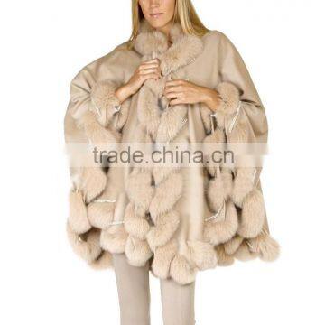 Genuine fox fur trim long cashmere cape with twist fur trim