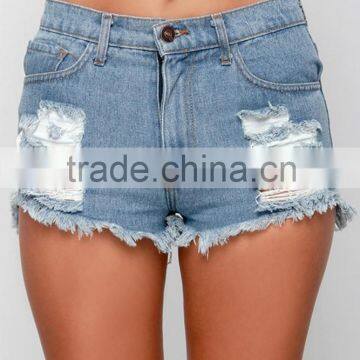 China OEM Factory Distressed Medium Wash Jean Shorts, Girls hot sale denim shorts