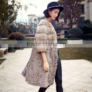 Genuine Mink and Kalgan Patchwork Fur Coat for Fashion Girls