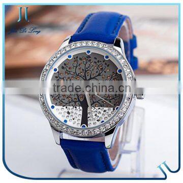 Fashion diamond tree dial water resistance leisure style quart movt leather lady women watch