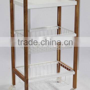 Bamboo kitchen Trolley with wire basket