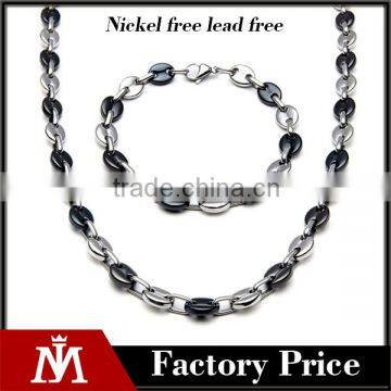 Yiwu Factory Stainless Steel Mens Jewelry Sets Two Tone Chain Necklace Black Vintage Bracelet