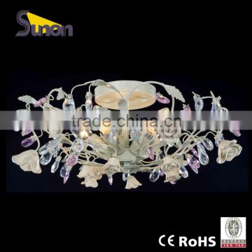 Hot selling wrought iron 5 lights ceiling lamp decorative ceramic flowers indoor crystal ceiling lamp