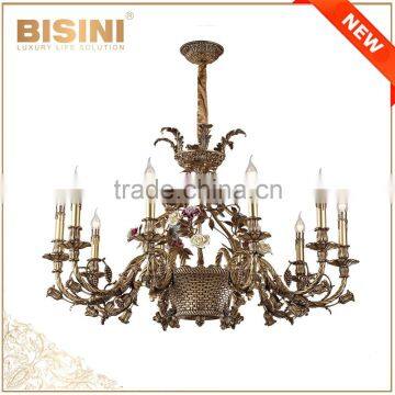 French Baroque Design 10 lights Antique Cooper Chandelier, European Bronze Golden Basket Pendant Lighting