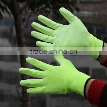 NMSAFETY EN388 13g PU gloves Hi-viz yellow nylon liner PU gloves/safety gloves good grip in dry enviroment from China