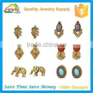 Gold Plated Retro Elephant Geometrical Multiple Unisex Earring Set