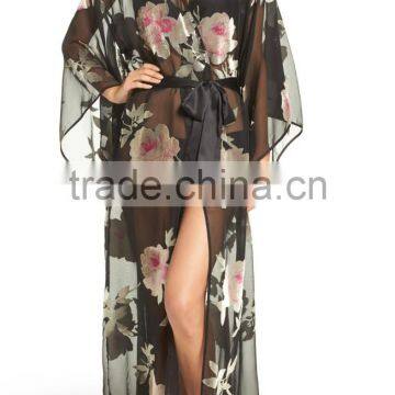 Luxurious Women Clothing High Quality Romantic Cover up Summer Sheer Chiffon Rose Printed Robe Cover up Cardigan for Beach Wear photo-2