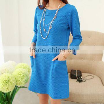 Autumn blue dresses women 2015 fashion plus size casual solid pockets knee length straight dress