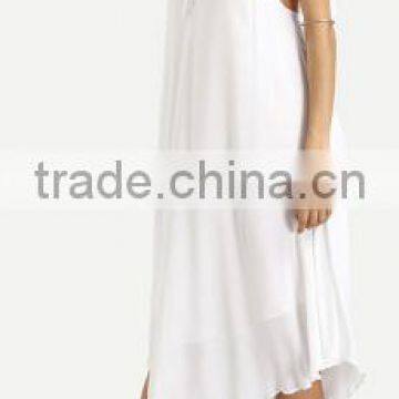 2016 Beach Wear White Spaghetti Strap Tassel Backless Sleeveless V Neck Asymmetrical High Low Midi Dress photo-4