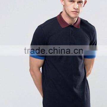 Custom Short Sleeve Button Placket Rib Collar Cuff Tip Men's 100% Polyester Breathable Pique 200g Navy Plain Casual Polo Shirt