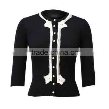 Cashmere And Silk Ladies Cardigan With Contrast Trims And Full Buttons