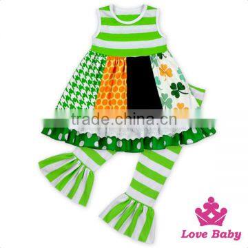 2017 Spring Western Boutique Clothing Ruffle Sleeveless Green Lucky Clover Pattern Printed St. Patricks Day Children Outfits