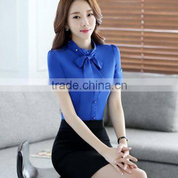 2017 Short Sleeve Korea White and Blue Women Office Blouse Stylish Formal Blouses For Ladies photo-6