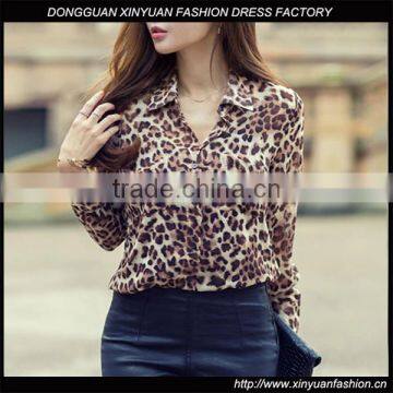 New Loose Ladies Long Sleeve V Neck Leopard Print Chiffon Shirts For Women Blouses