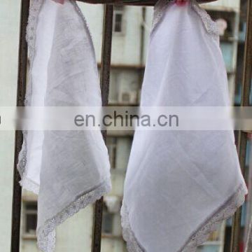 100% linen/cotton handkerchief with lace hem,white/blank for wedding,wholesale