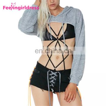 Stylish Sexy Women Gray Hoodies Long Sleeve Crop Top