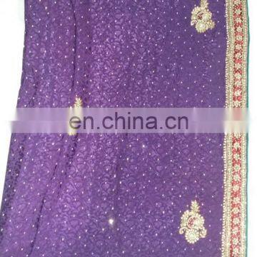 Ethnic Dark Purple Handmade Havey Stone Work Georgette Bridal Saree Sari