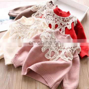 Girls' 4-color Lace Hollow Lace Round Neck Children's Sweater