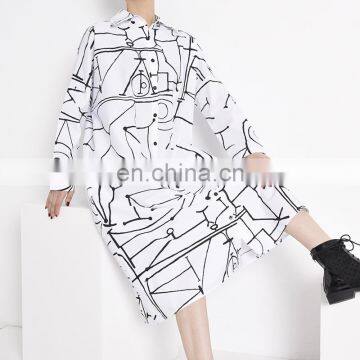 TWOTWINSTYLE Dress For Women Lapel Collar Long Sleeve Oversize Casual Midi Hit Color Graffiti photo-6