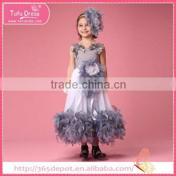 Cute white and grey long feather dresses with bowknot for young girl