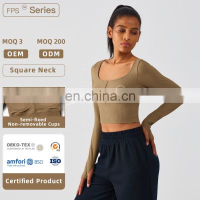 Ribbed Semi Fixed Cups Yoga Long Sleeve Crop Tops Custom High Impact Fitness Sports Bras