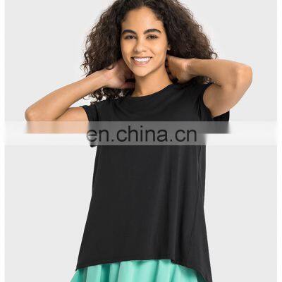 Quick Dry Cool Soft Sexy Back Hollow Out Boe Tie Short Sleeve Gym Top Loose Casual Women Workout Sports Fitness Walking Wear photo-4