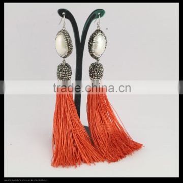 LFD-082E fashion tassel long earrings, pearl & tassel dangle hook earrings,crystal rhinestone pave charm earring for women