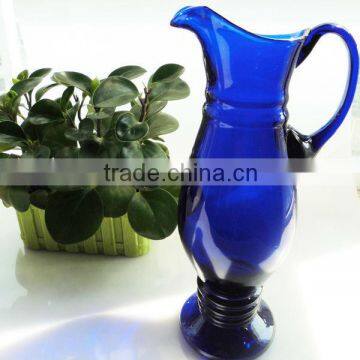 Antique Solid Blue Tall Glass Water Jug with Handle