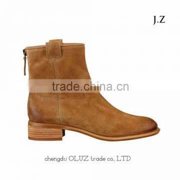 OB03 classic style Mid calf low heel round toe zipper up fashion short cowskin leather upper boots