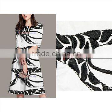 Hot Selling European Style black tree geometry plain embroidery fabric with white shiny polyster from GZ Hongming