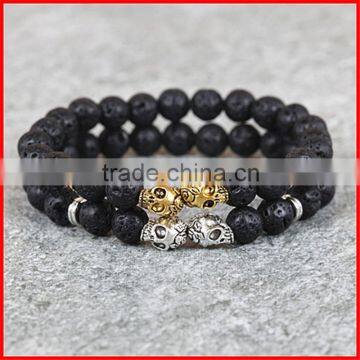 KJL-0105 8MM Nature Rock Black Lava Energy Stone Beads Double Skull Heads Bracelet, Men Stretch Bracelet